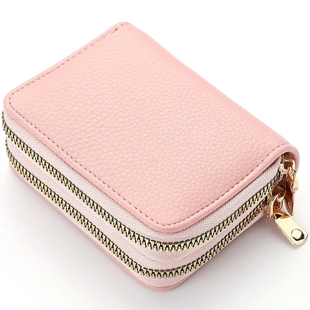 Women Zipper Short Style Purse Wallet in solid color with zipper closure, showcasing multiple compartments for cards and cash.