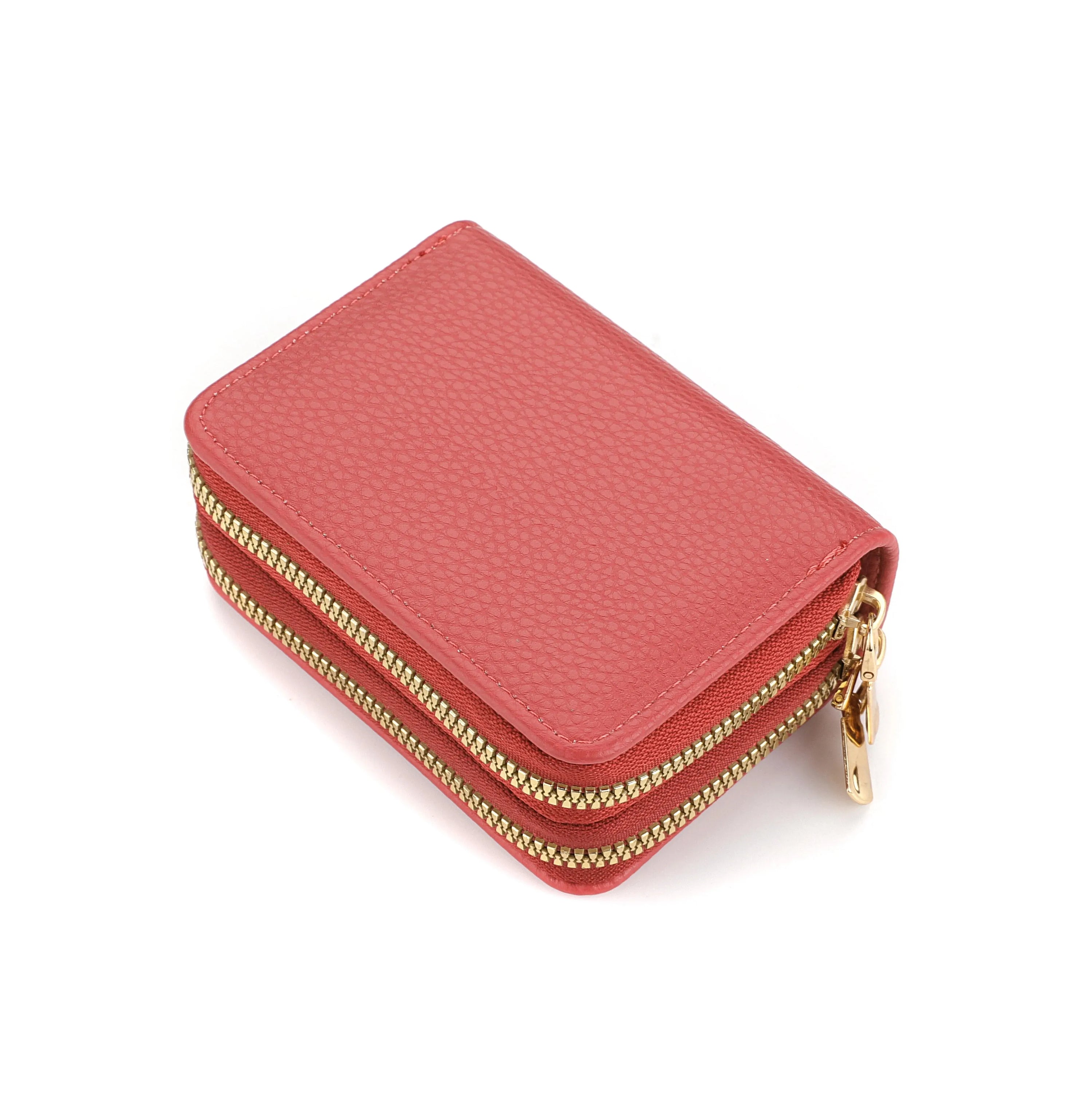 Women Zipper Short Style Purse Wallet in solid color with zipper closure, showcasing multiple compartments for cards and cash.