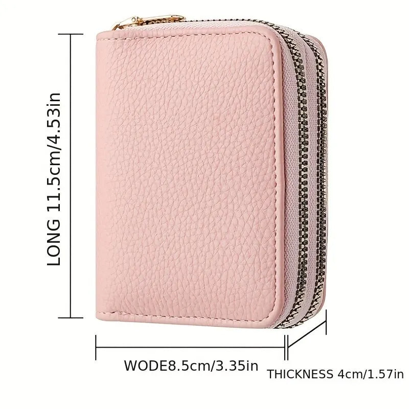 Women Zipper Short Style Purse Wallet in solid color with zipper closure, showcasing multiple compartments for cards and cash.