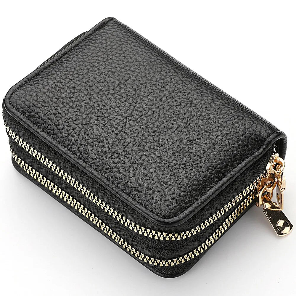 Women Zipper Short Style Purse Wallet in solid color with zipper closure, showcasing multiple compartments for cards and cash.