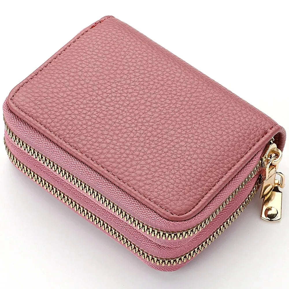 Women Zipper Short Style Purse Wallet in solid color with zipper closure, showcasing multiple compartments for cards and cash.