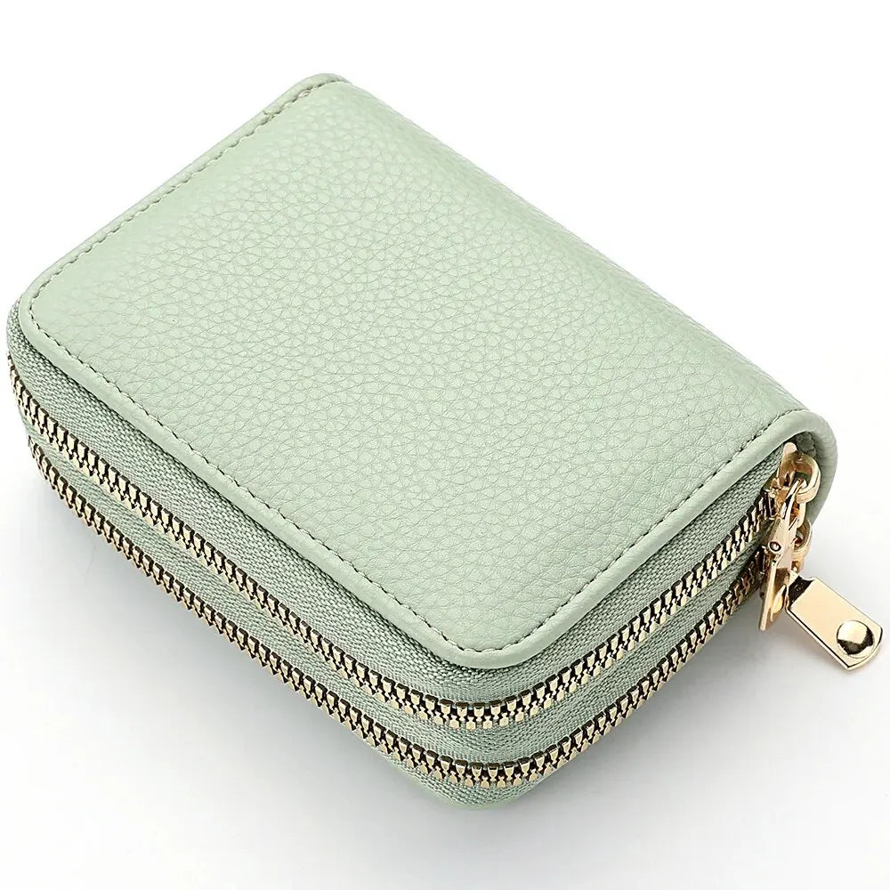 Women Zipper Short Style Purse Wallet in solid color with zipper closure, showcasing multiple compartments for cards and cash.