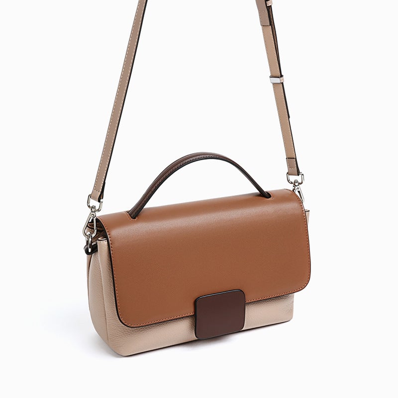 Stylish Women's All-match Color Contrast Leather Messenger Bag in caramel, gray, and white colors, showcasing its trendy design and compact size.