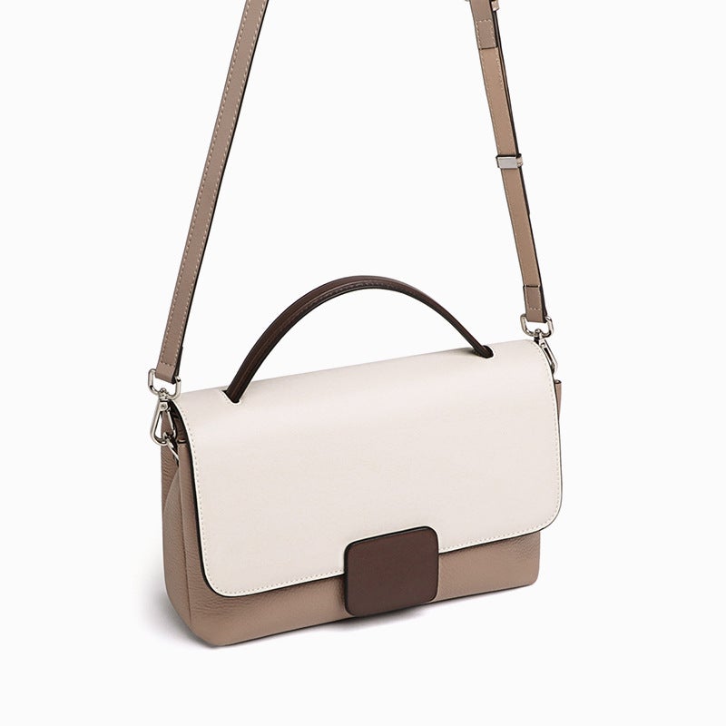 Stylish Women's All-match Color Contrast Leather Messenger Bag in caramel, gray, and white colors, showcasing its trendy design and compact size.