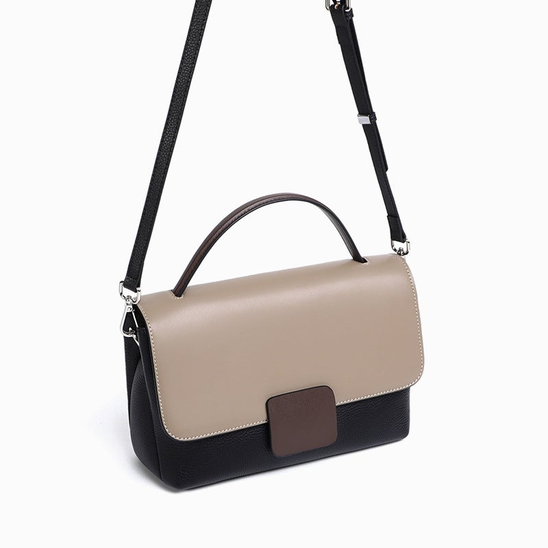 Stylish Women's All-match Color Contrast Leather Messenger Bag in caramel, gray, and white colors, showcasing its trendy design and compact size.