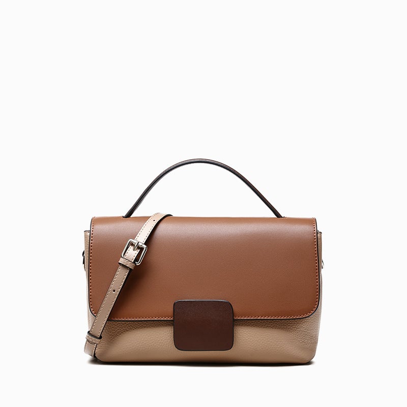 Stylish Women's All-match Color Contrast Leather Messenger Bag in caramel, gray, and white colors, showcasing its trendy design and compact size.