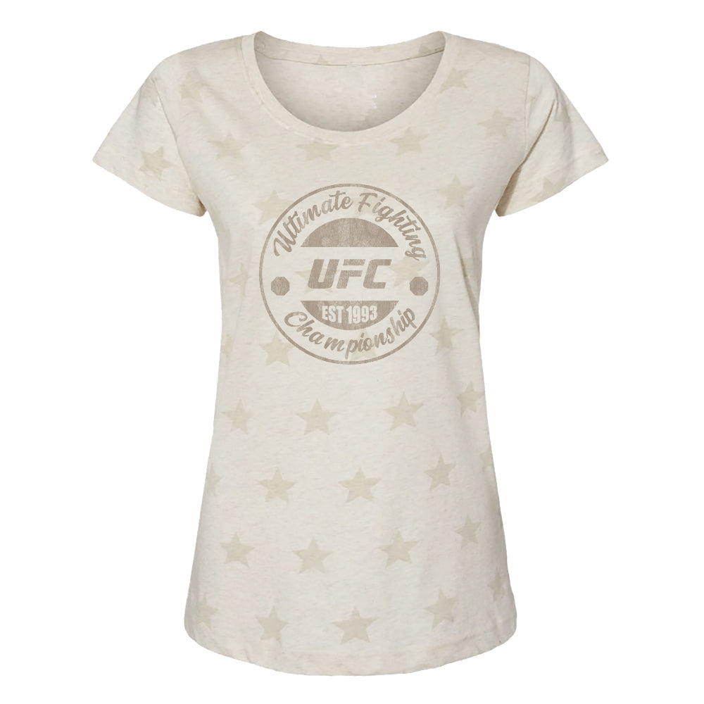 Women's grey t-shirt featuring Americana star print and UFC logo, perfect for fans.