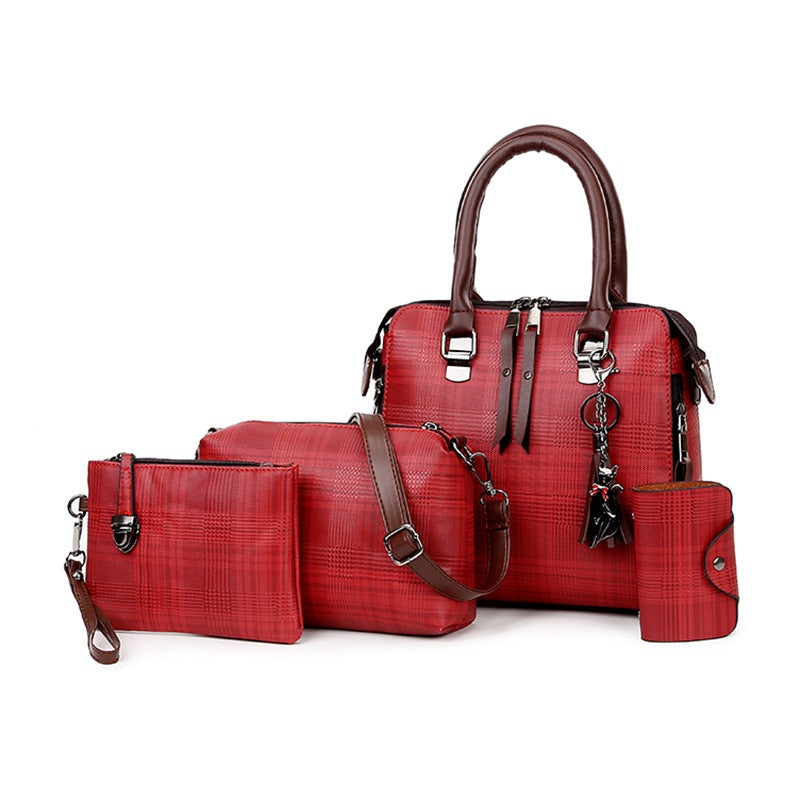 A stylish four-piece women's handbag set featuring a trendy striped pattern, made from durable PU material, showcasing various sizes for versatile use.