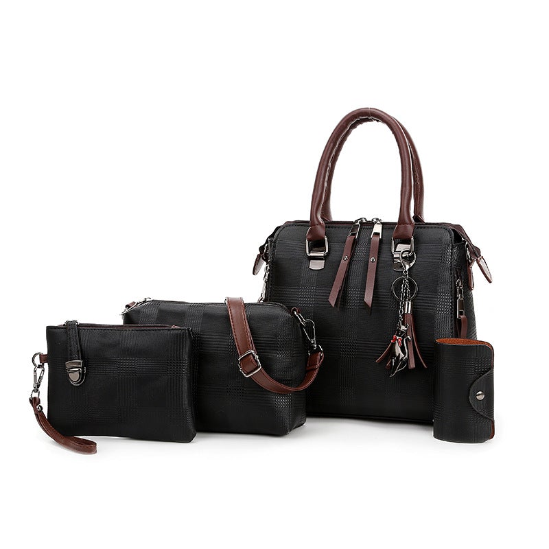 A stylish four-piece women's handbag set featuring a trendy striped pattern, made from durable PU material, showcasing various sizes for versatile use.