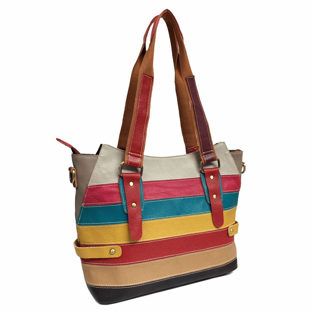 Women's geometric pattern leather shoulder bag with soft handle and spacious interior, perfect for casual outings.