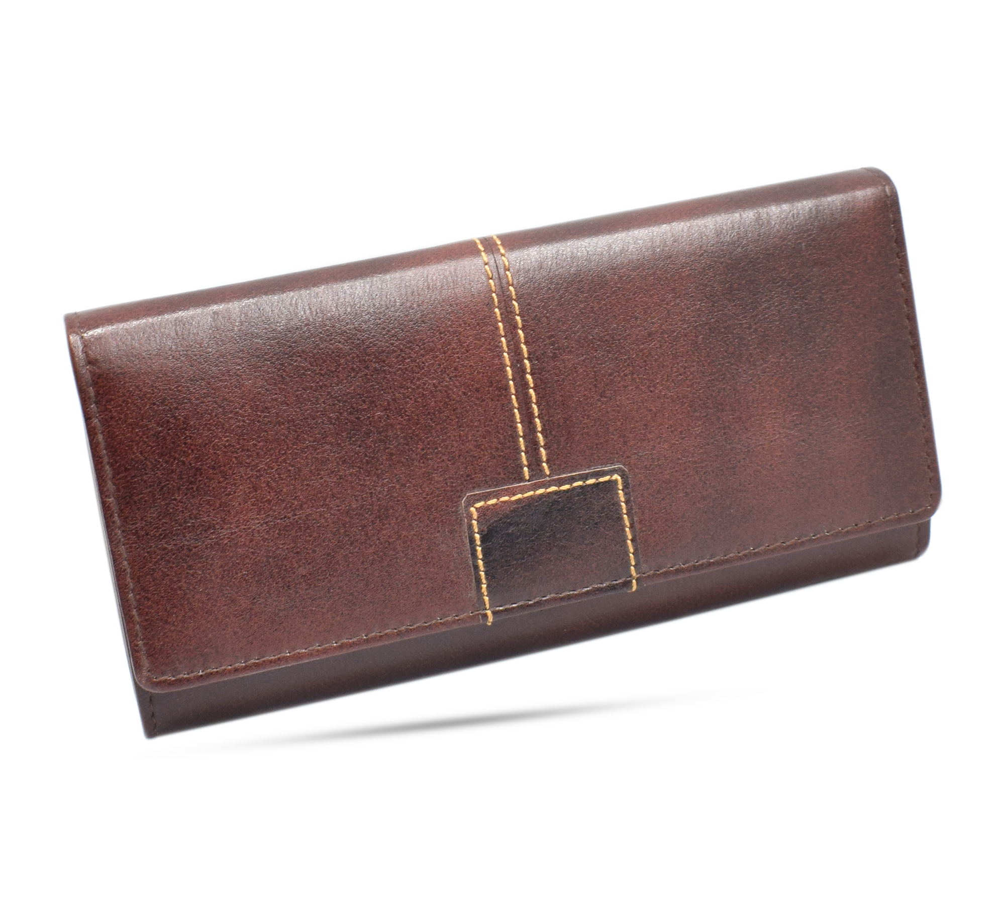 A stylish women's handmade leather wallet in brown, showcasing its elegant design and multiple compartments for cards and cash.