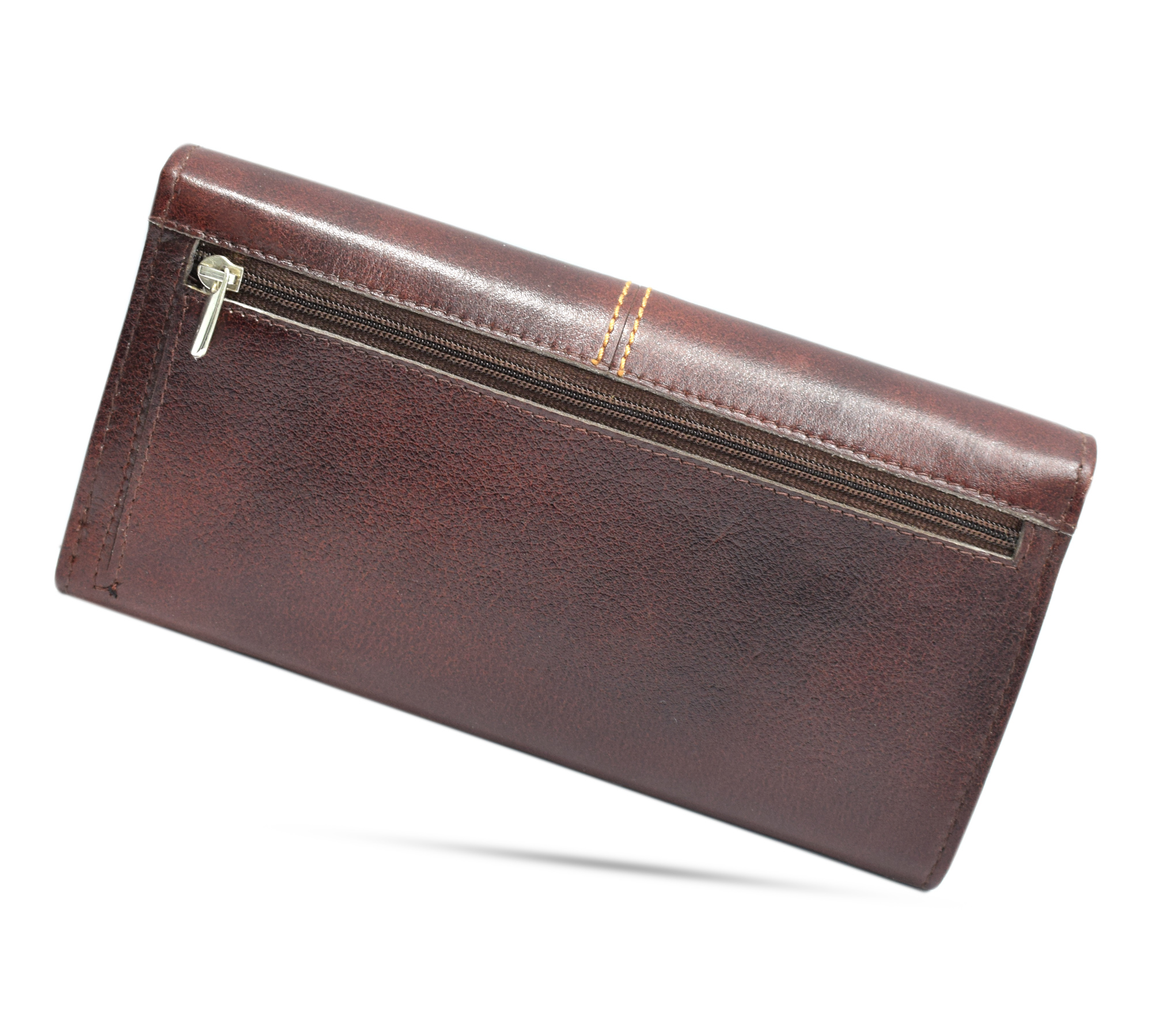 A stylish women's handmade leather wallet in brown, showcasing its elegant design and multiple compartments for cards and cash.