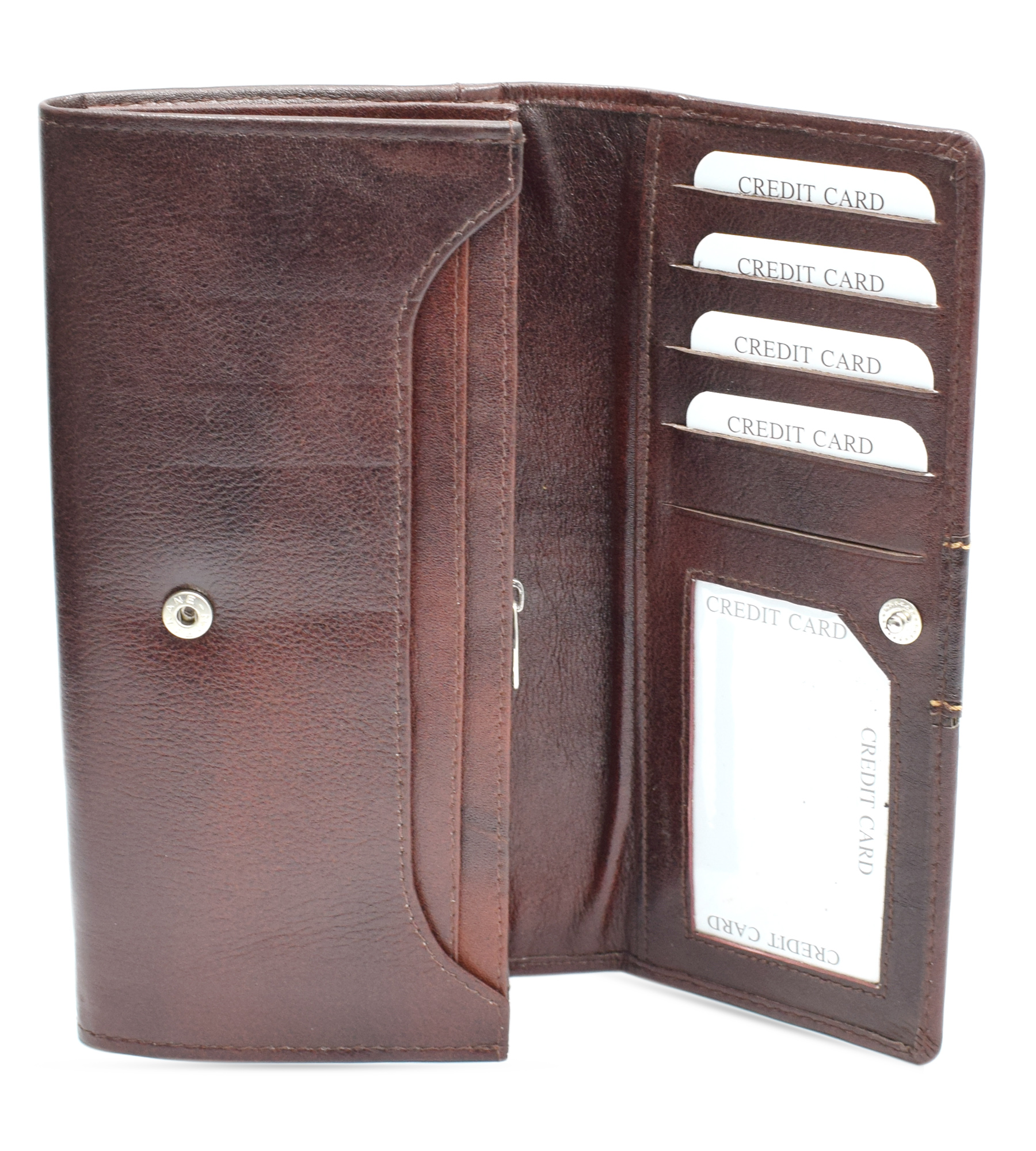 A stylish women's handmade leather wallet in brown, showcasing its elegant design and multiple compartments for cards and cash.