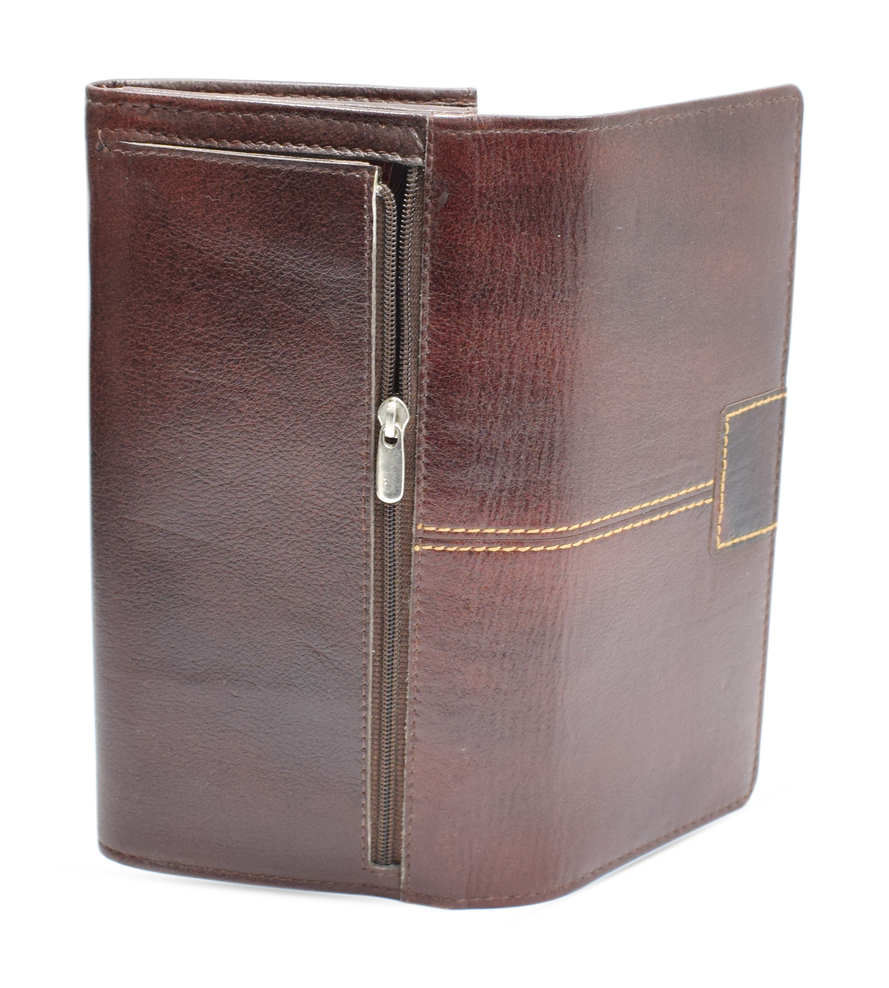 A stylish women's handmade leather wallet in brown, showcasing its elegant design and multiple compartments for cards and cash.