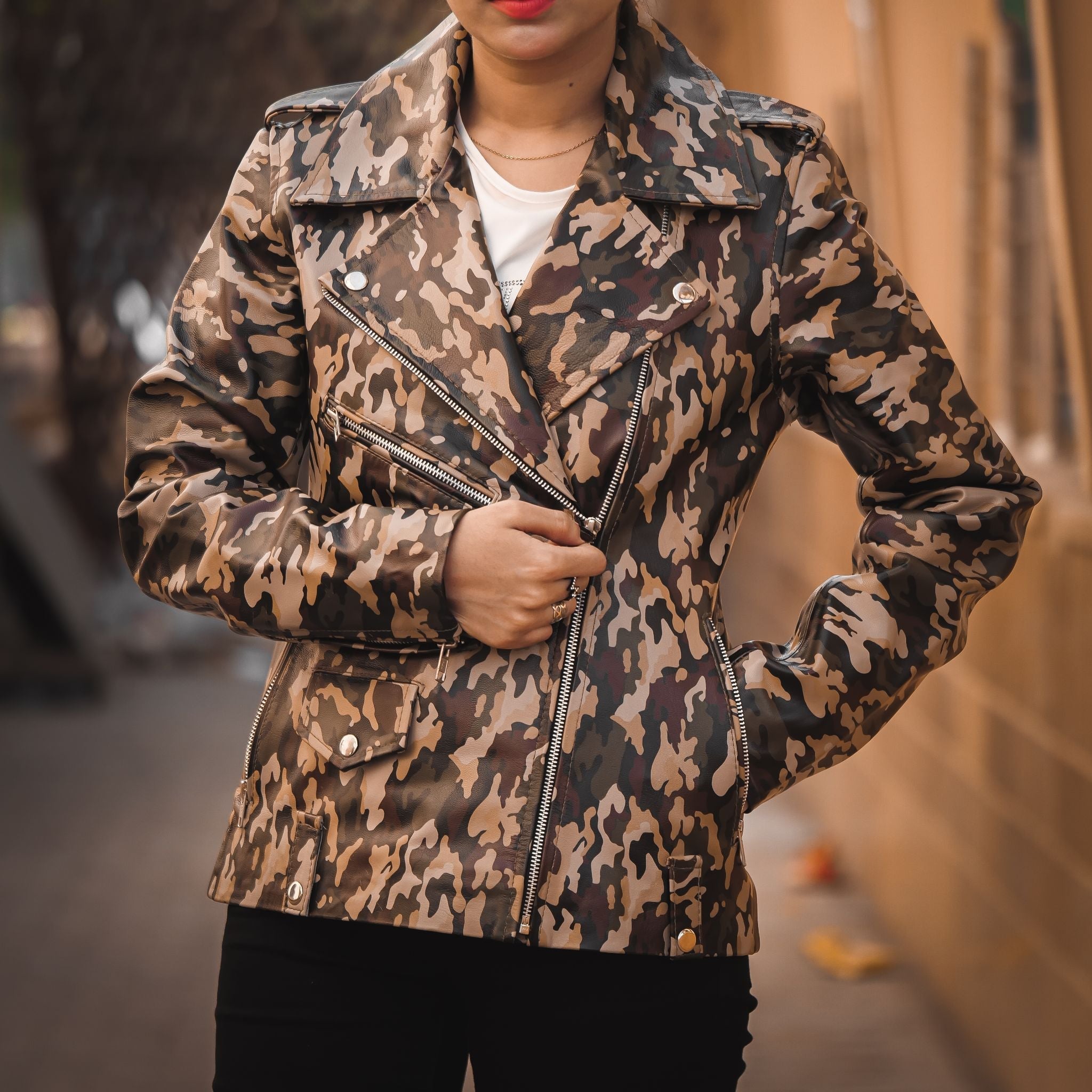 Womens Leather Military Camouflage Print Jacket featuring a stylish camouflage design, lapel collar, and asymmetrical zipper closure.