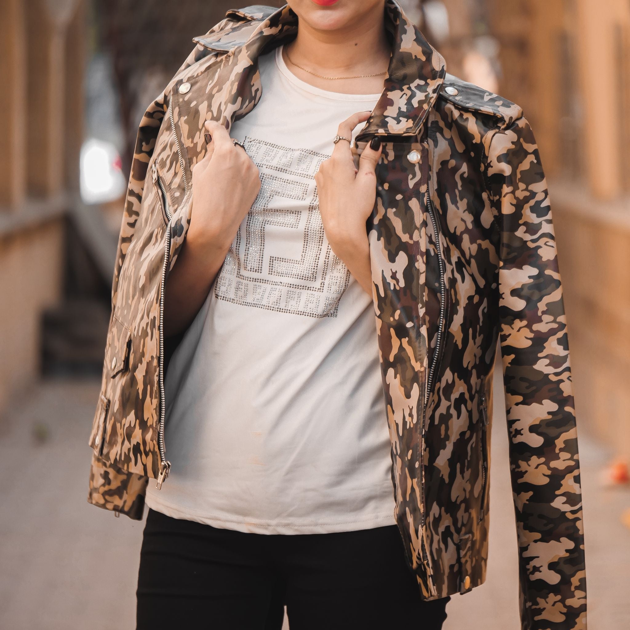 Womens Leather Military Camouflage Print Jacket featuring a stylish camouflage design, lapel collar, and asymmetrical zipper closure.