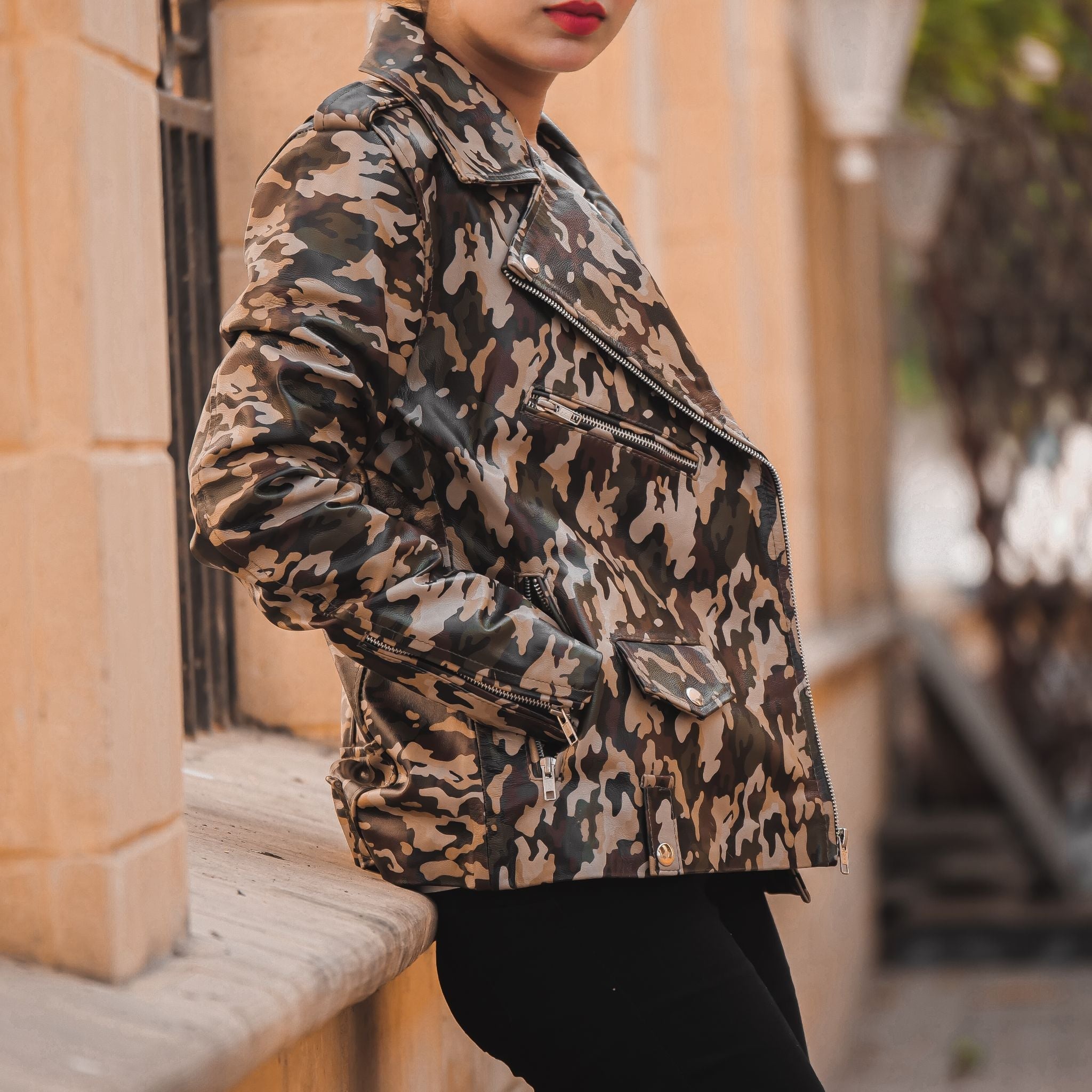 Womens Leather Military Camouflage Print Jacket featuring a stylish camouflage design, lapel collar, and asymmetrical zipper closure.