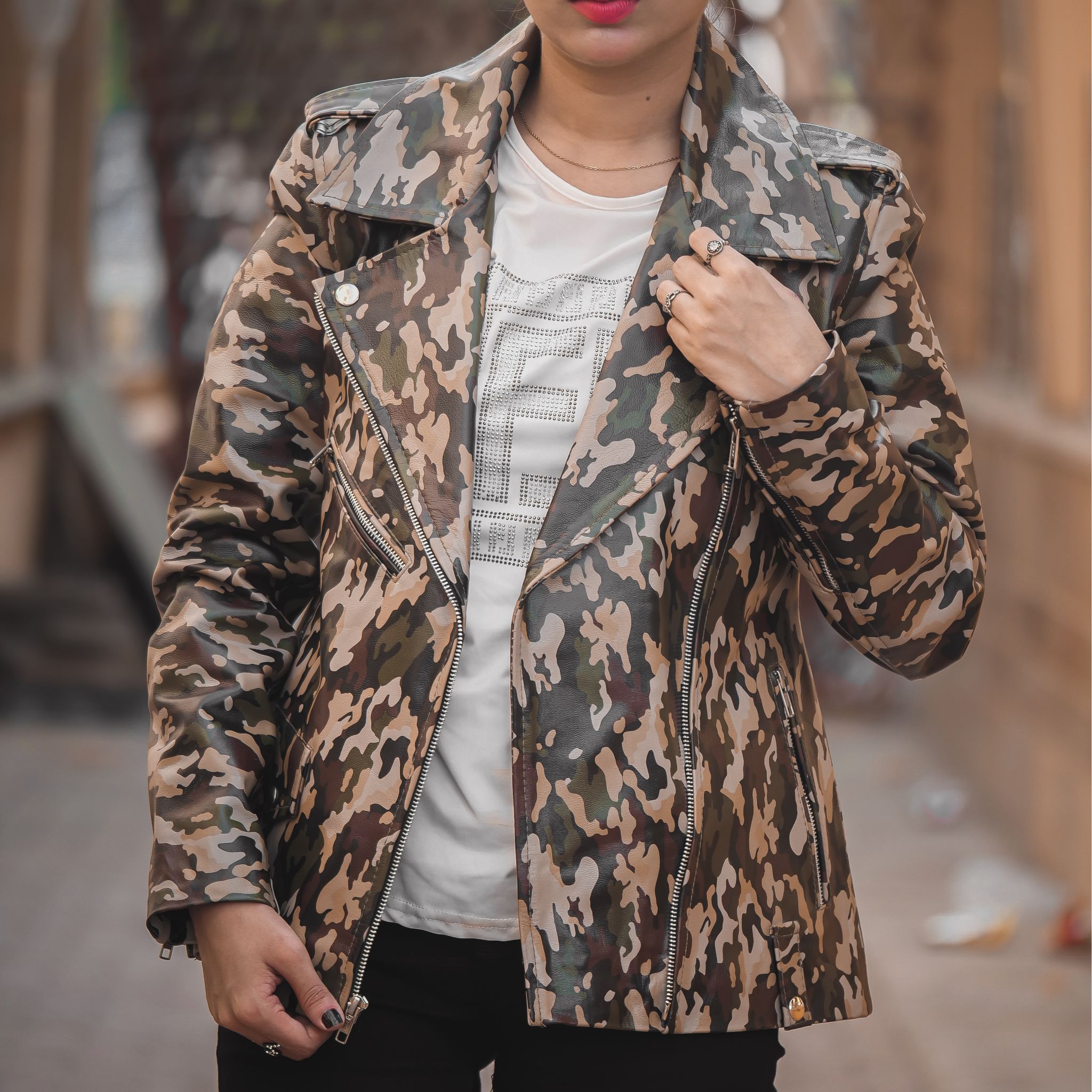 Womens Leather Military Camouflage Print Jacket featuring a stylish camouflage design, lapel collar, and asymmetrical zipper closure.