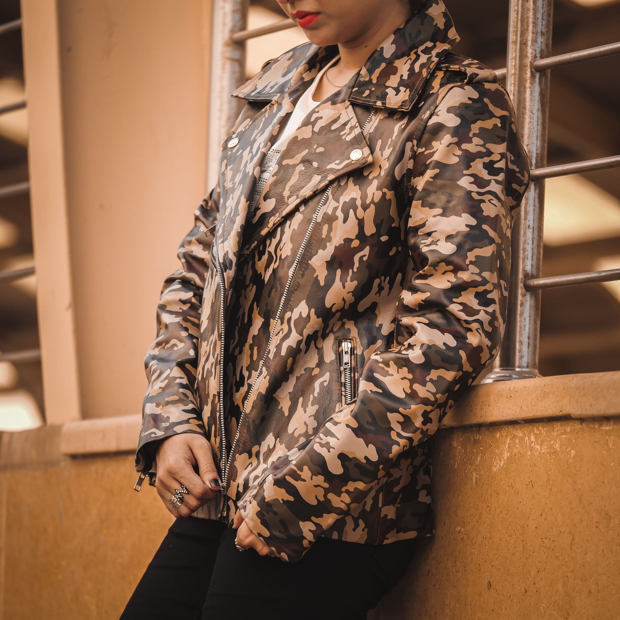 Womens Leather Military Camouflage Print Jacket featuring a stylish camouflage design, lapel collar, and asymmetrical zipper closure.