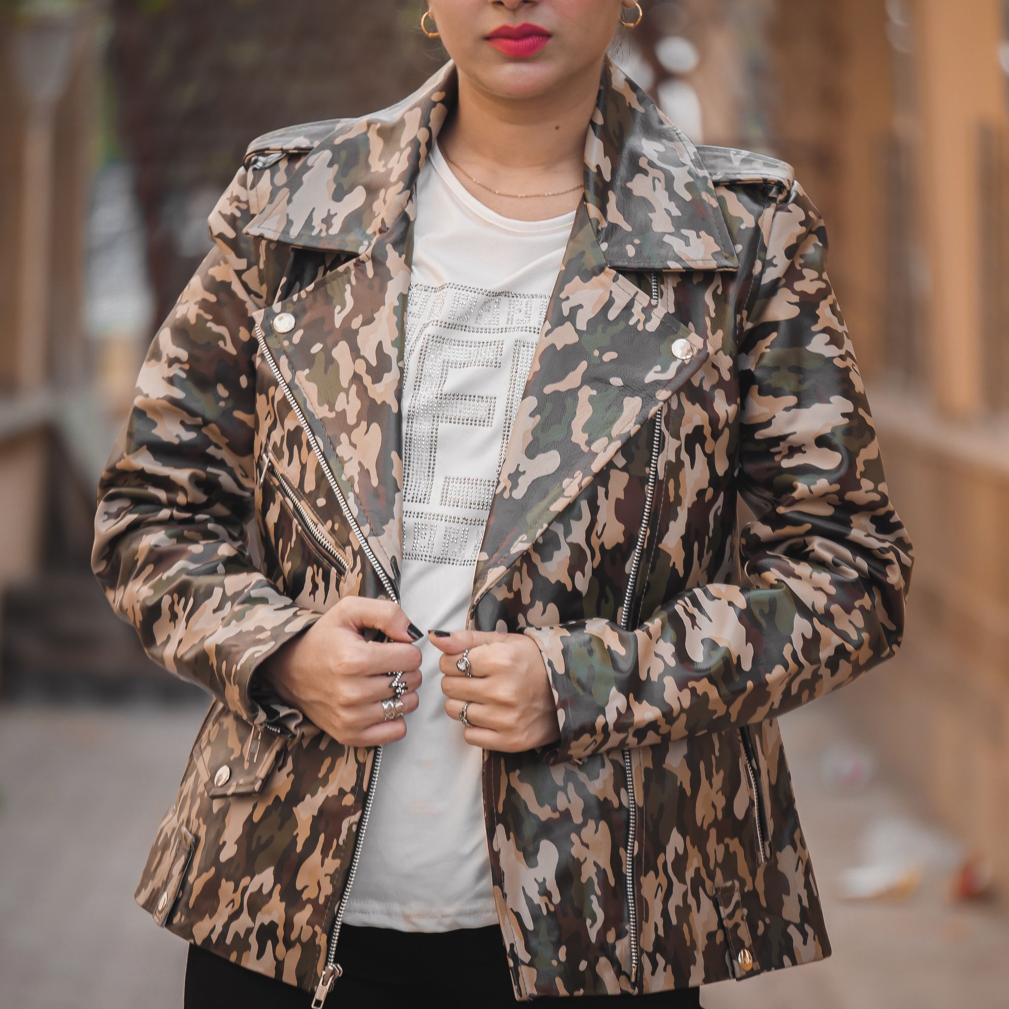 Womens Leather Military Camouflage Print Jacket featuring a stylish camouflage design, lapel collar, and asymmetrical zipper closure.