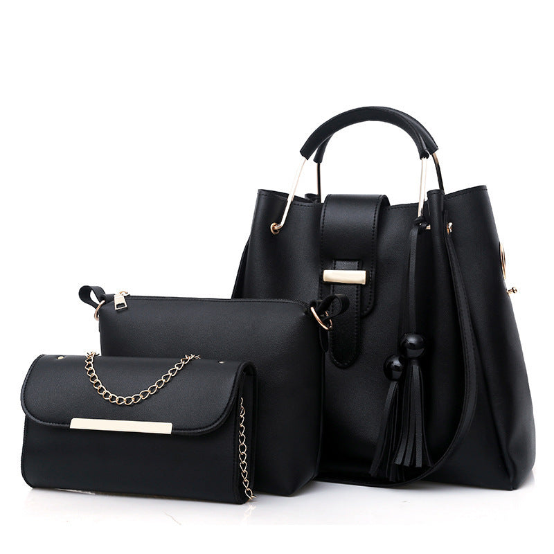 A stylish Women's Three-Piece Handbag set featuring three bags in a horizontal square shape with trendy tassel accents, made from durable PU material.