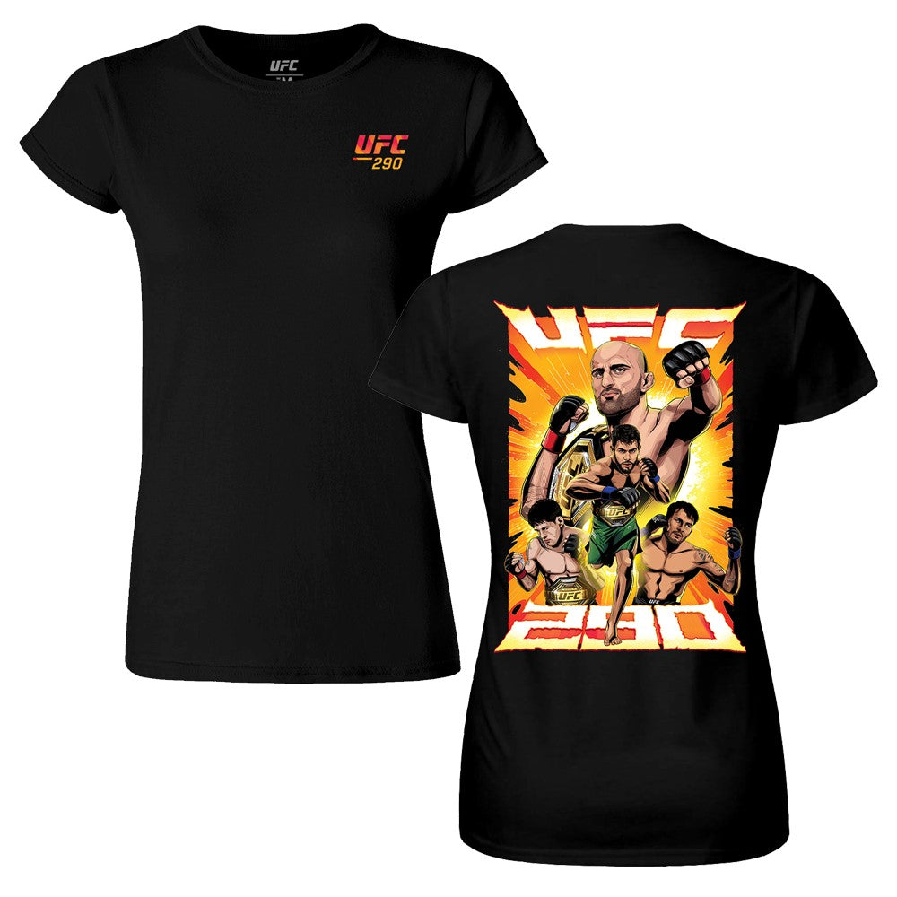 Women's UFC 290 Artist Series T-Shirt in black featuring unique artwork by Nikita Bugrov on the front and back.