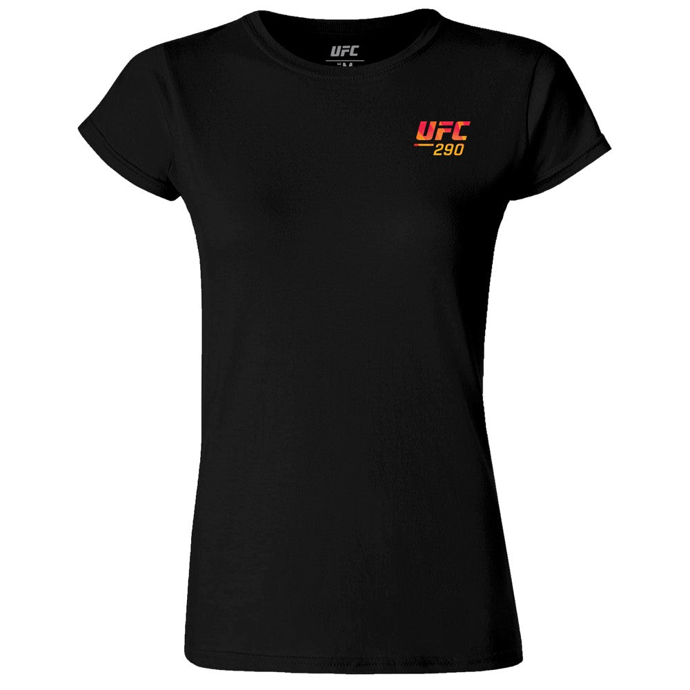 Women's UFC 290 Artist Series T-Shirt in black featuring unique artwork by Nikita Bugrov on the front and back.