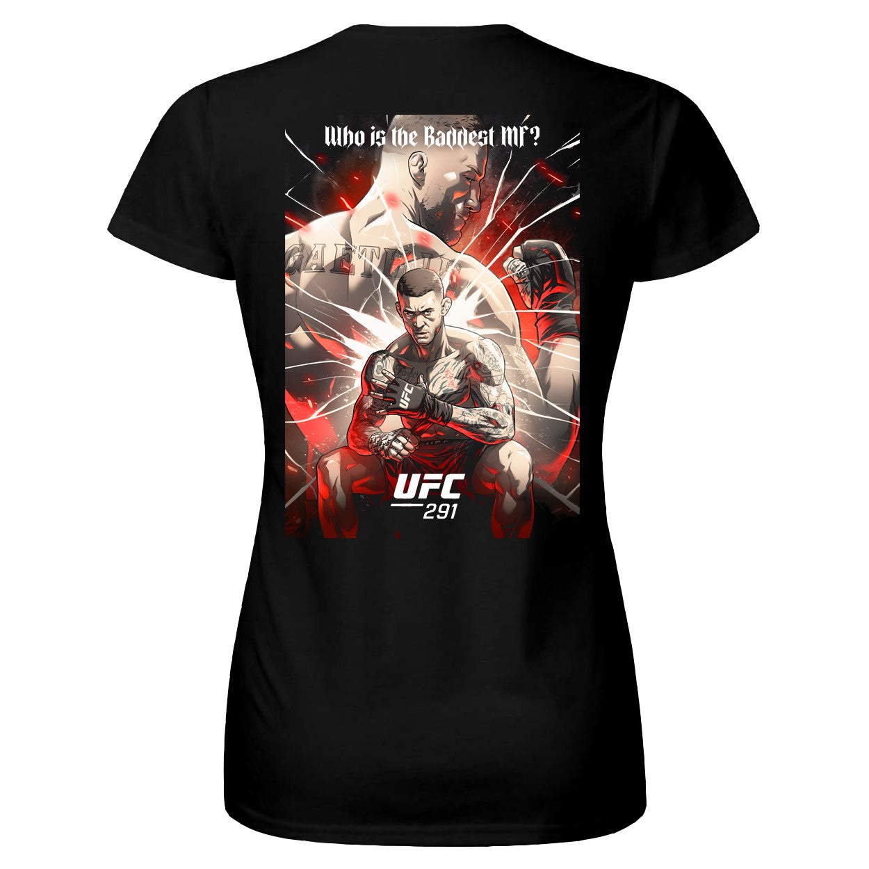 Women's UFC 291 Artist Series T-Shirt in black featuring unique artwork by Rodrigo Lorenzo on the chest and back.