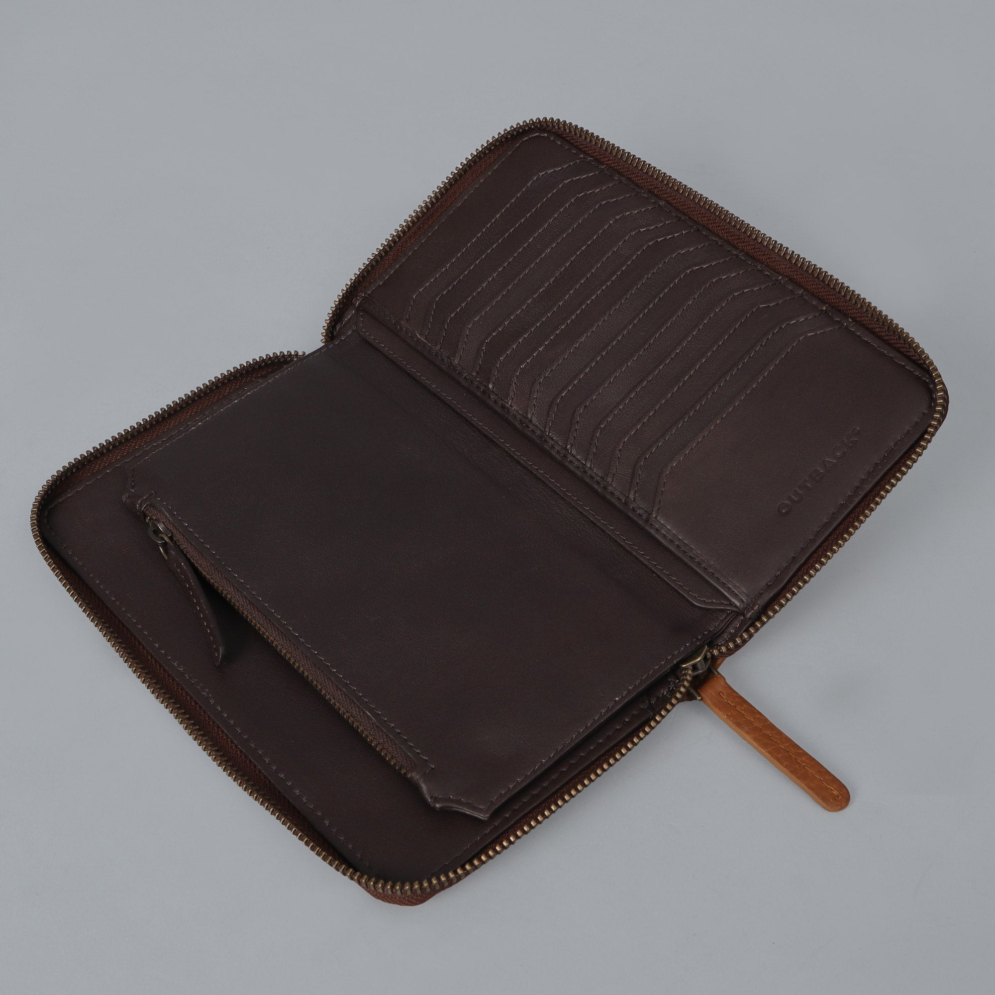 World Traveller Wallet made from premium full grain leather, featuring multiple card pockets, a passport pocket, and a zipper section for coins.