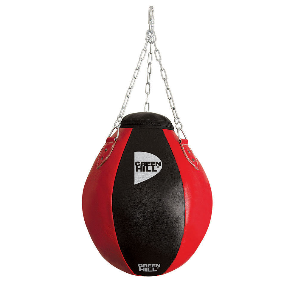 A high-quality wrecking ball made of genuine leather, featuring a heavy-duty chain for hanging, available in black and red colors.