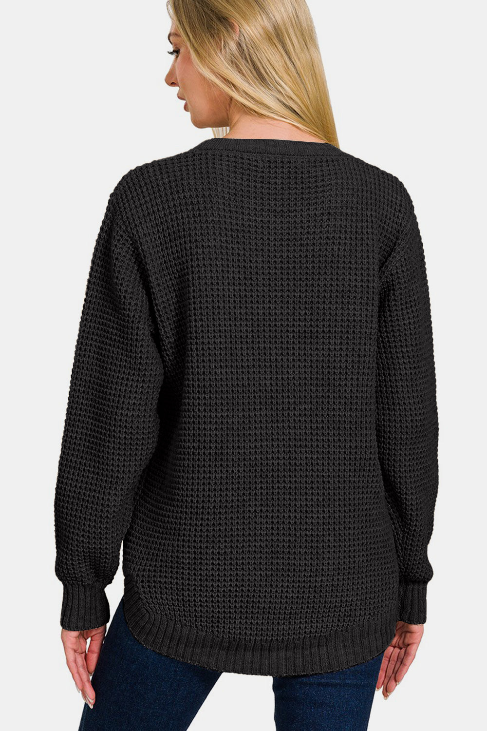 Zenana High Low Long Sleeve Waffle Sweater featuring a unique waffle texture and flattering high-low hemline in a cozy design.