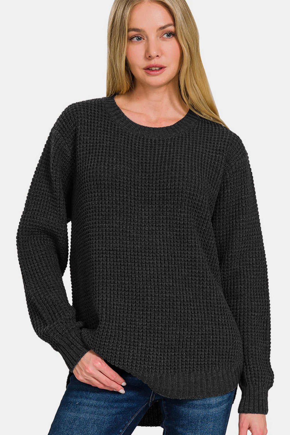 Zenana High Low Long Sleeve Waffle Sweater featuring a unique waffle texture and flattering high-low hemline in a cozy design.