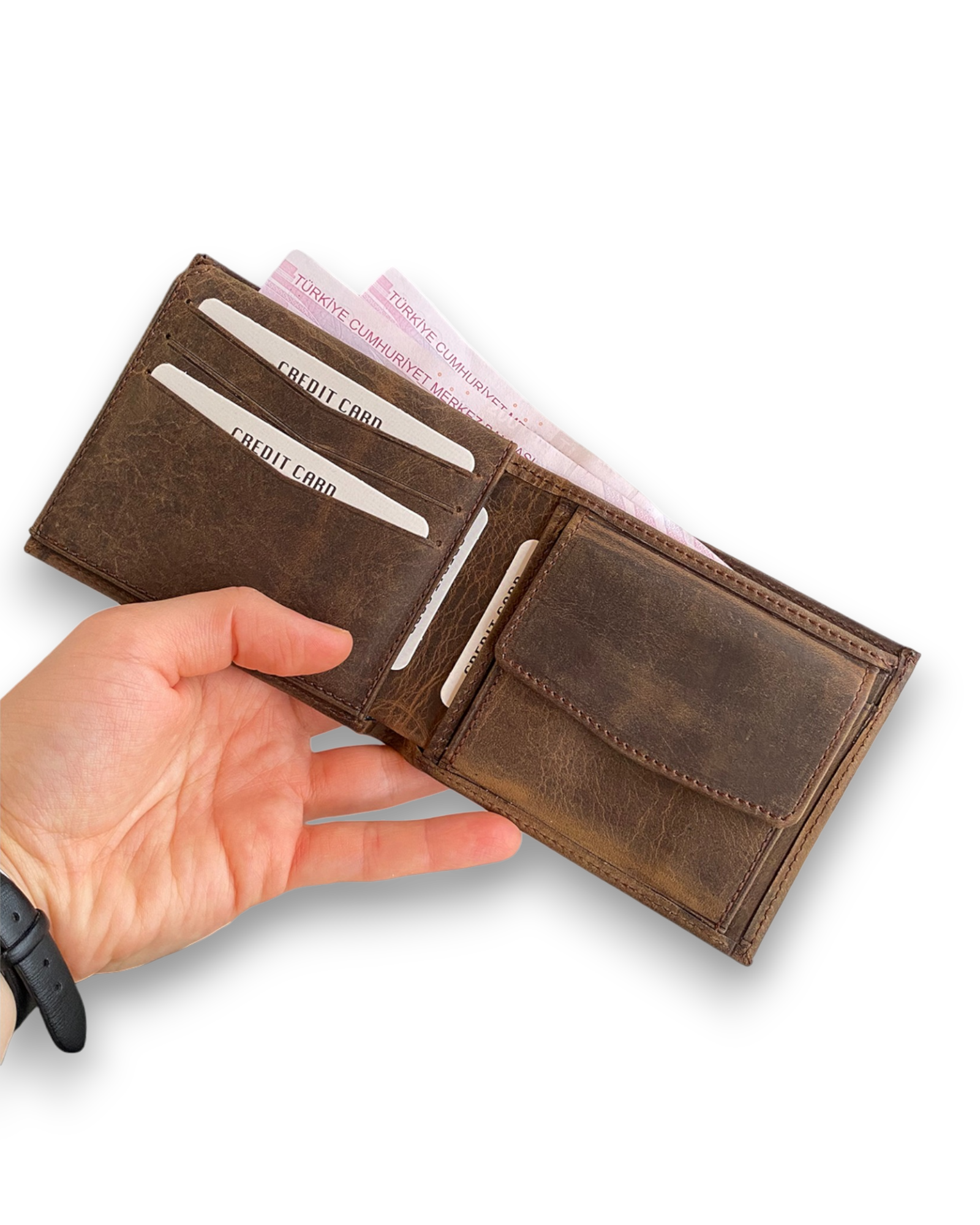 Zendar Genuine Leather Classic Trifold Men's Wallet in rustic brown, showcasing its elegant design and multiple compartments.