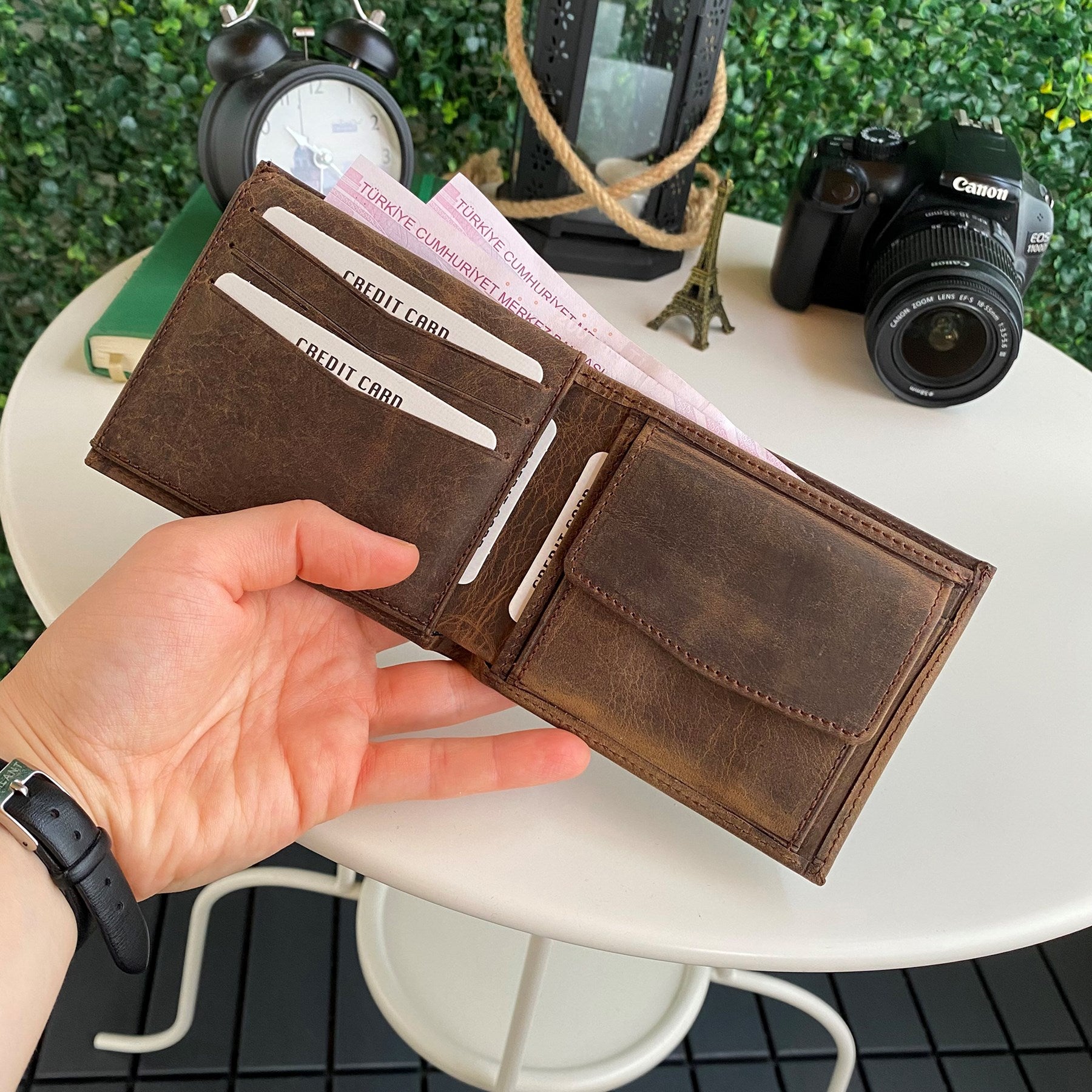 Zendar Genuine Leather Classic Trifold Men's Wallet in rustic brown, showcasing its elegant design and multiple compartments.