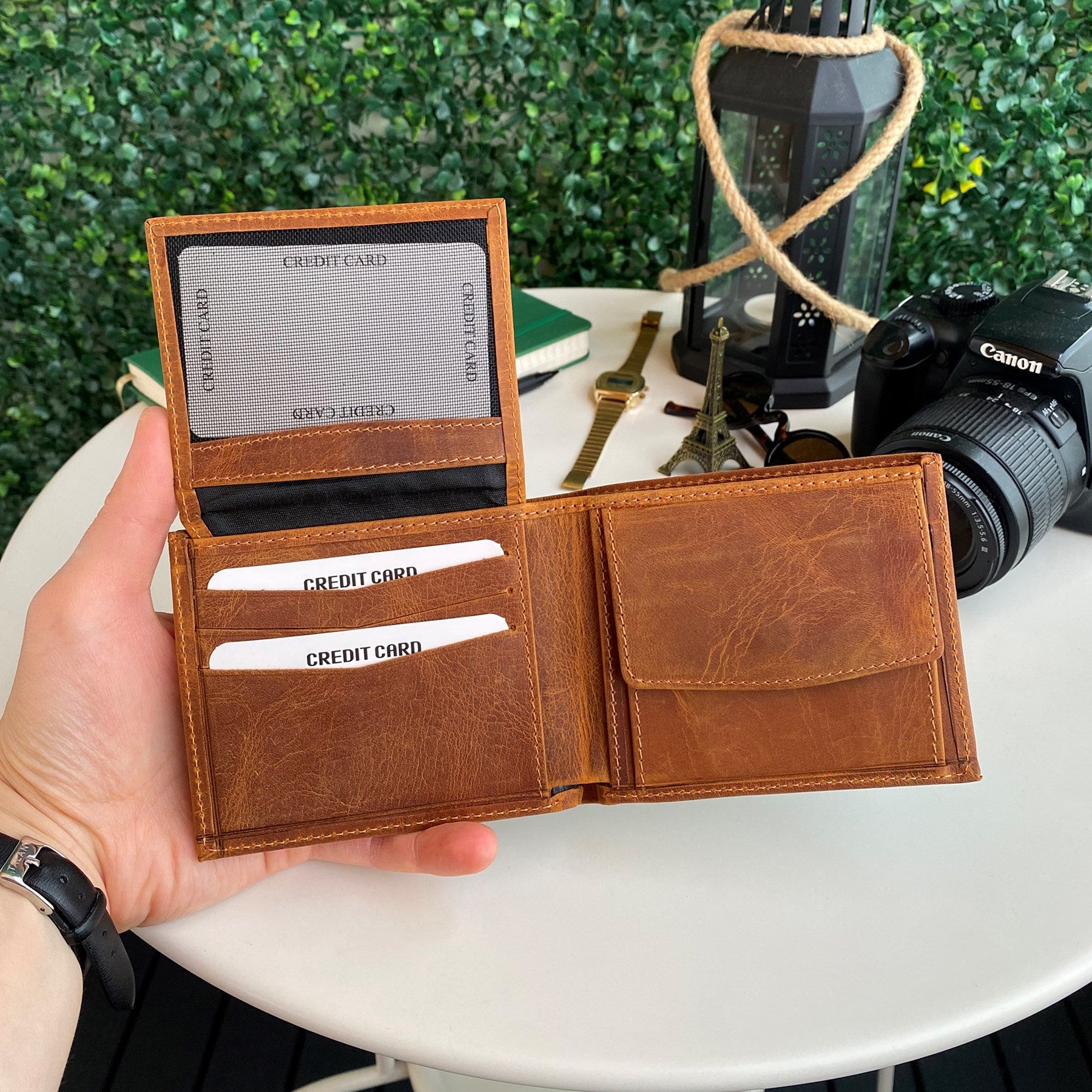 Zendar Genuine Leather Classic Trifold Men's Wallet in rustic brown, showcasing its elegant design and multiple compartments.