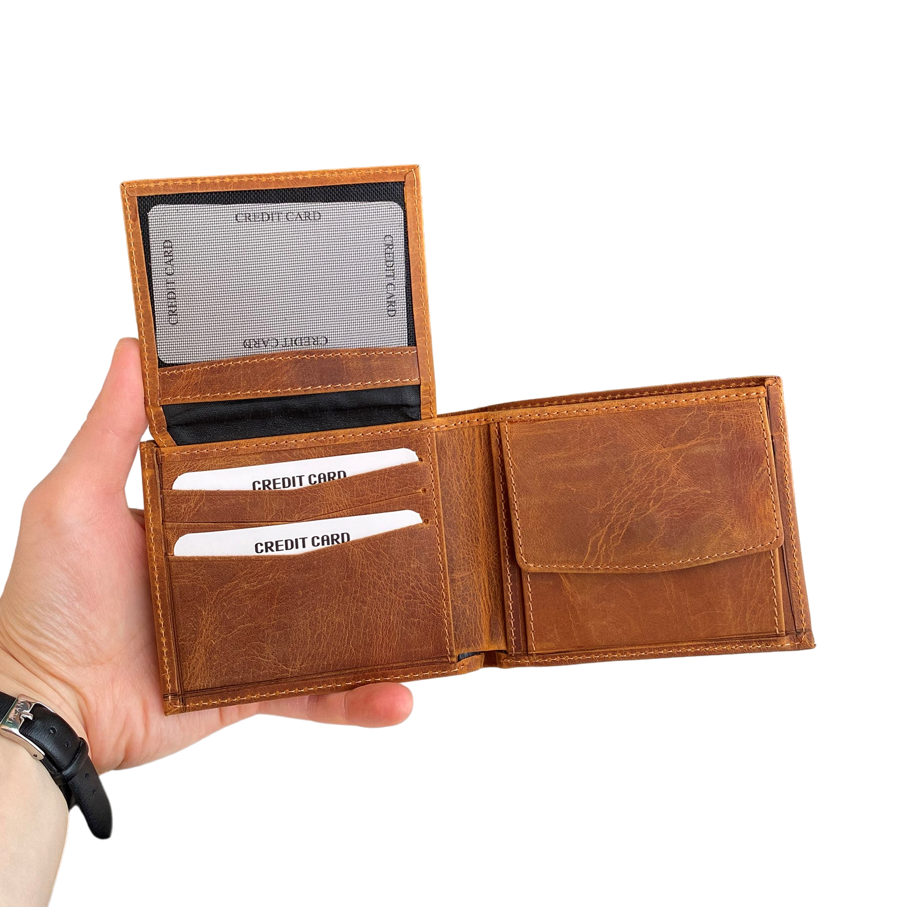 Zendar Genuine Leather Classic Trifold Men's Wallet in rustic brown, showcasing its elegant design and multiple compartments.