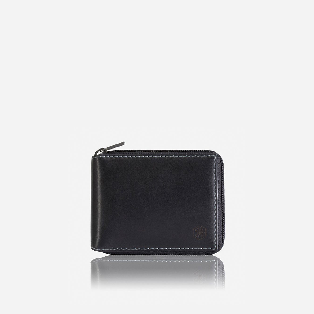 Black zip-around coin wallet featuring an ID window and internal coin pouch, designed for stylish organization.