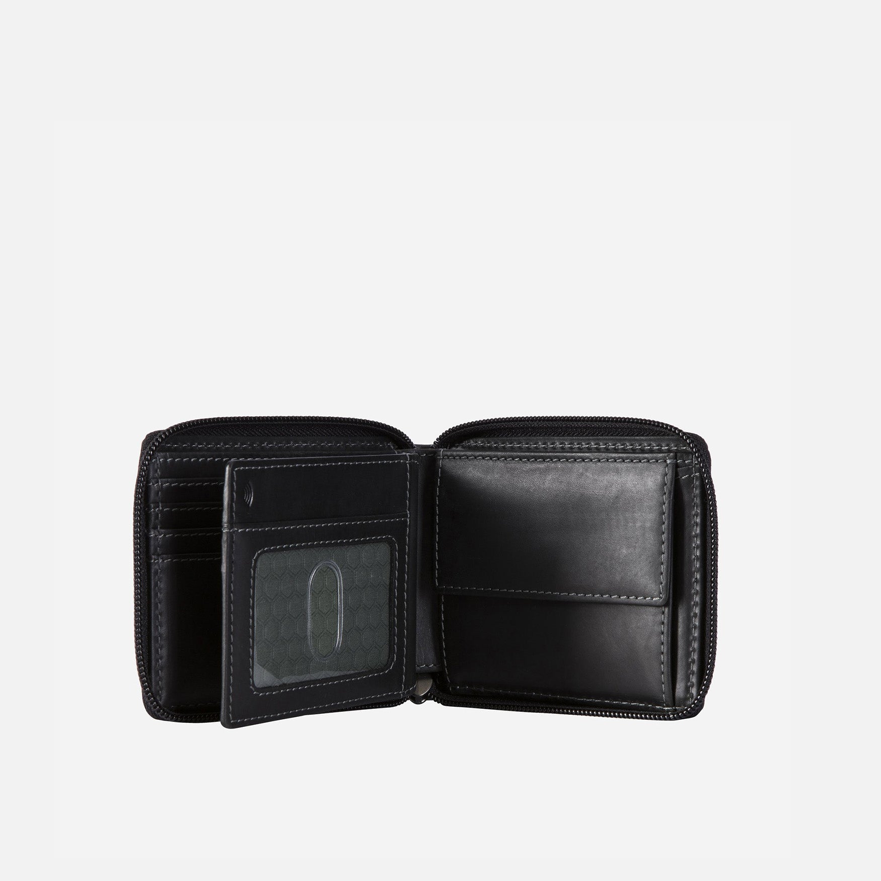 Black zip-around coin wallet featuring an ID window and internal coin pouch, designed for stylish organization.