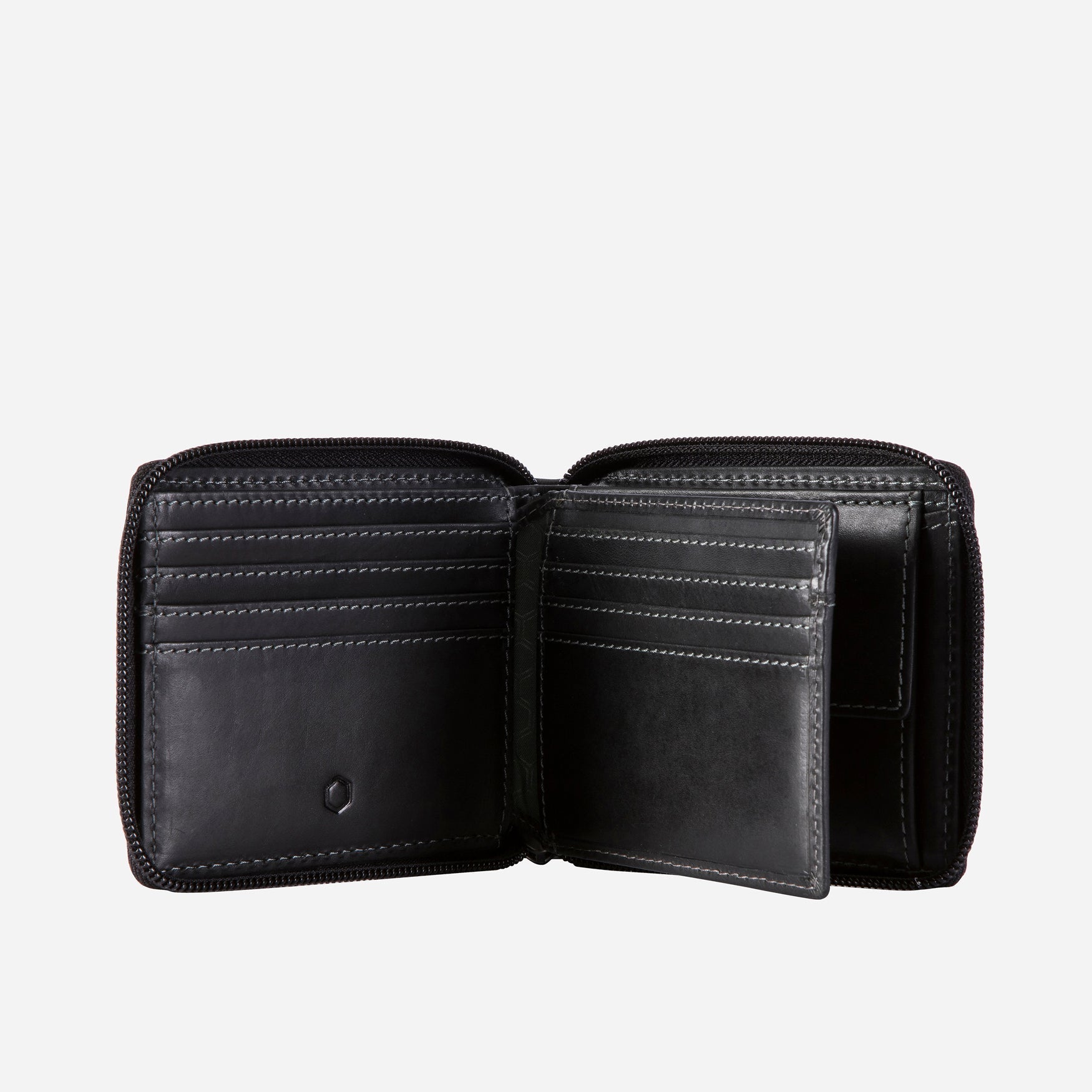 Black zip-around coin wallet featuring an ID window and internal coin pouch, designed for stylish organization.