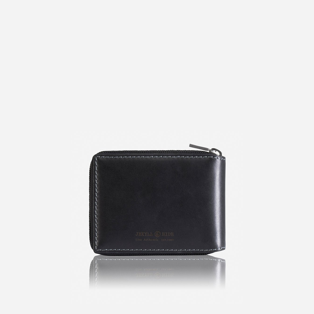 Black zip-around coin wallet featuring an ID window and internal coin pouch, designed for stylish organization.