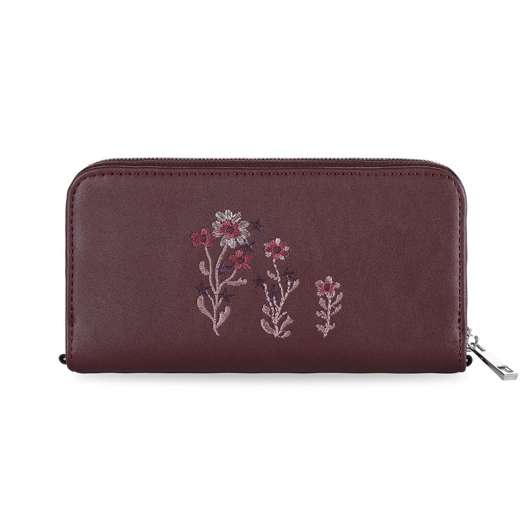 Zippie Long Wallet made of vegan leather with floral embroidery, featuring zips on three sides.