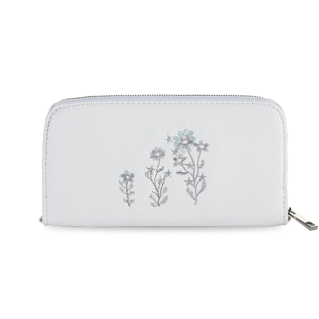 Zippie Long Wallet made of vegan leather with floral embroidery, featuring zips on three sides.