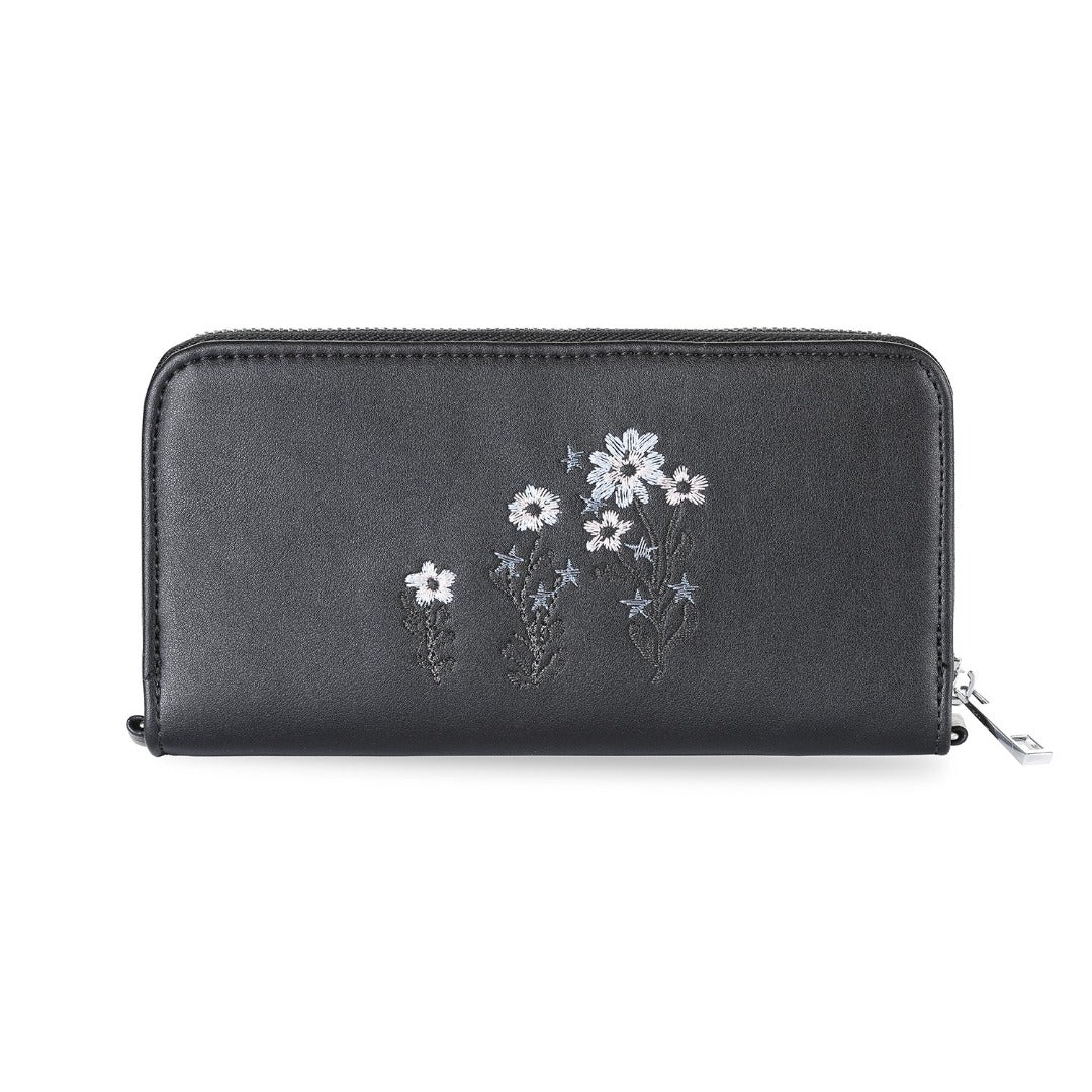 Zippie Long Wallet made of vegan leather with floral embroidery, featuring zips on three sides.