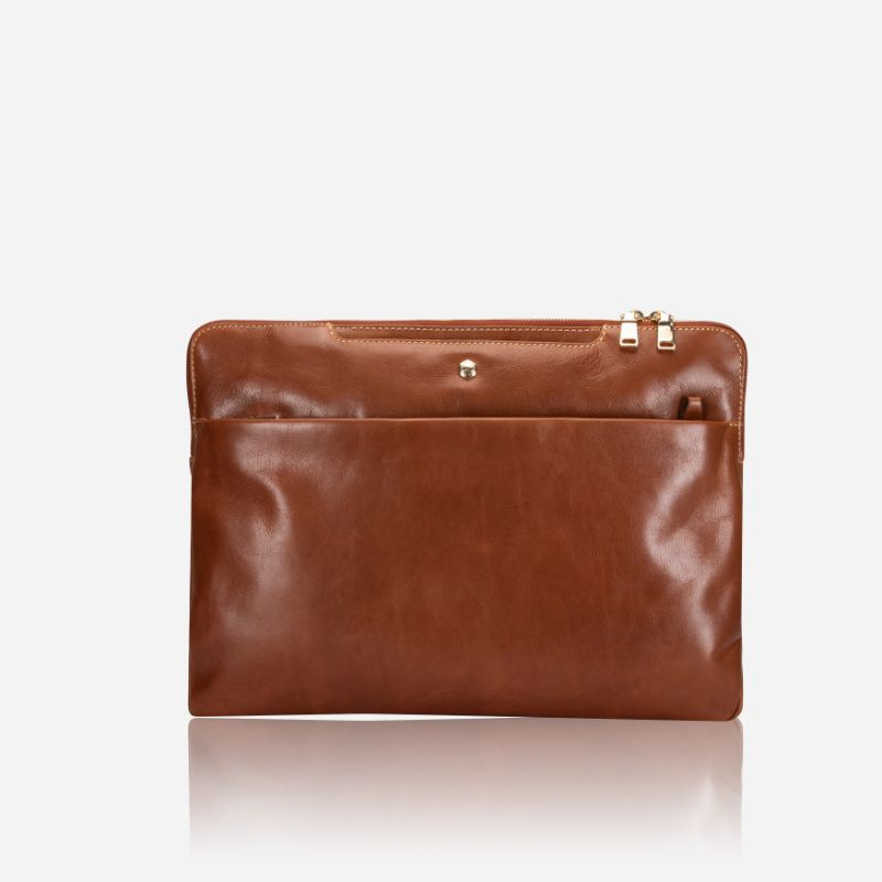 Zulu Laptop Sleeve in tan, featuring a sleek design and shoulder strap loops for easy carrying.