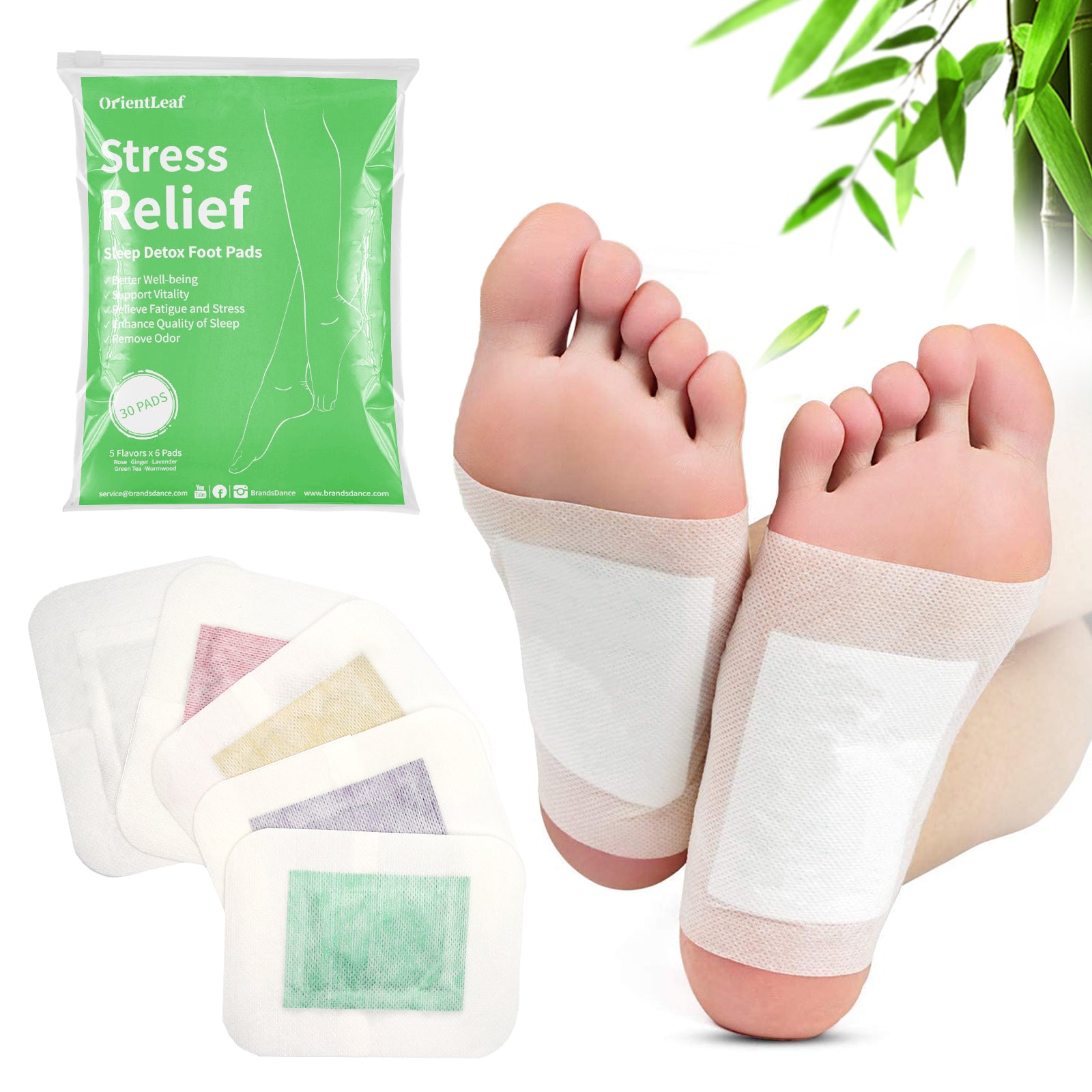 30 Pcs Sleep Foot Pads in assorted flavors, showcasing natural herbal ingredients for stress relief and improved sleep quality.