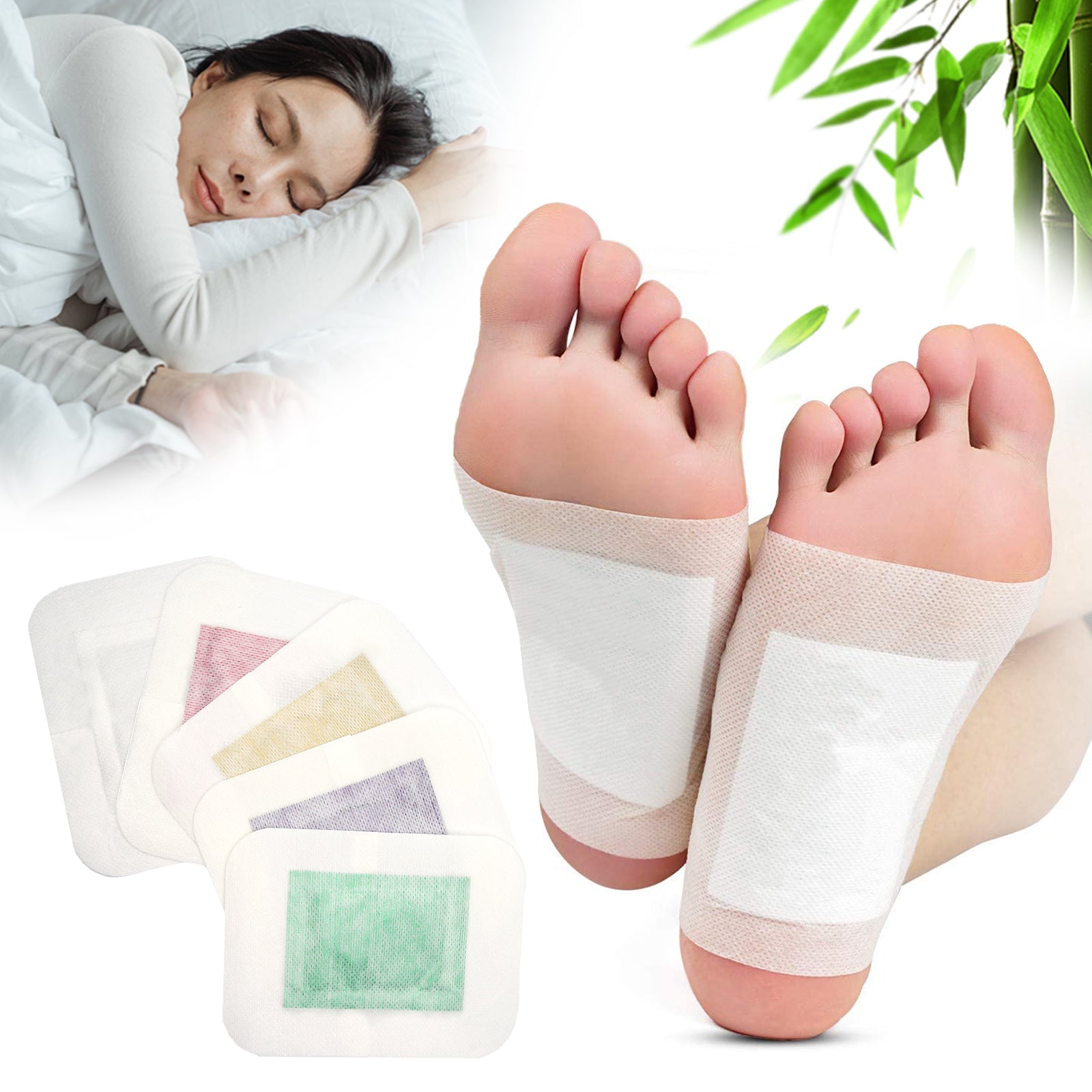 30 Pcs Sleep Foot Pads in assorted flavors, showcasing natural herbal ingredients for stress relief and improved sleep quality.