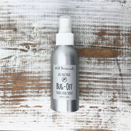 4oz Wild Botanicals Bug Off Shake and Spray in a metal bottle, featuring a natural insect repellent formula with essential oils.