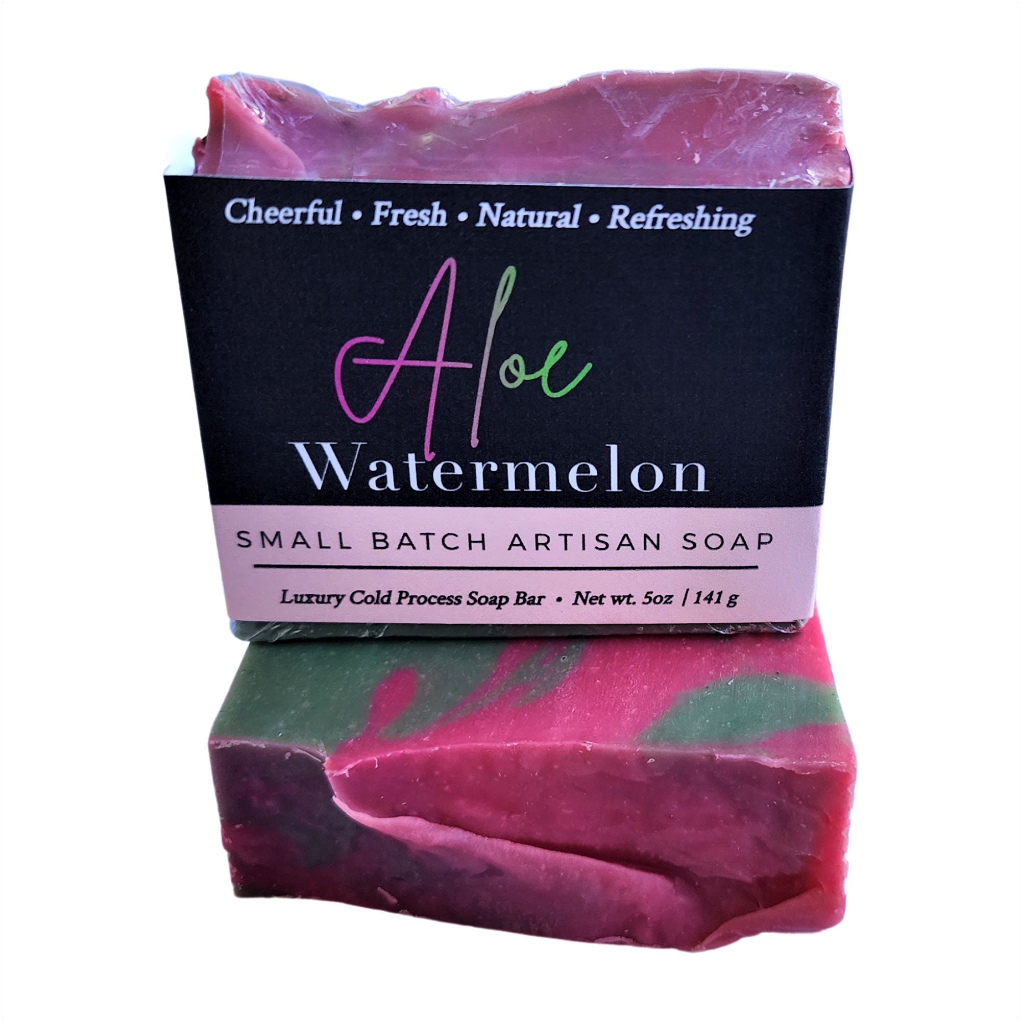 Aloe & Watermelon Soap bar with vibrant colors and natural ingredients, showcasing its refreshing design.