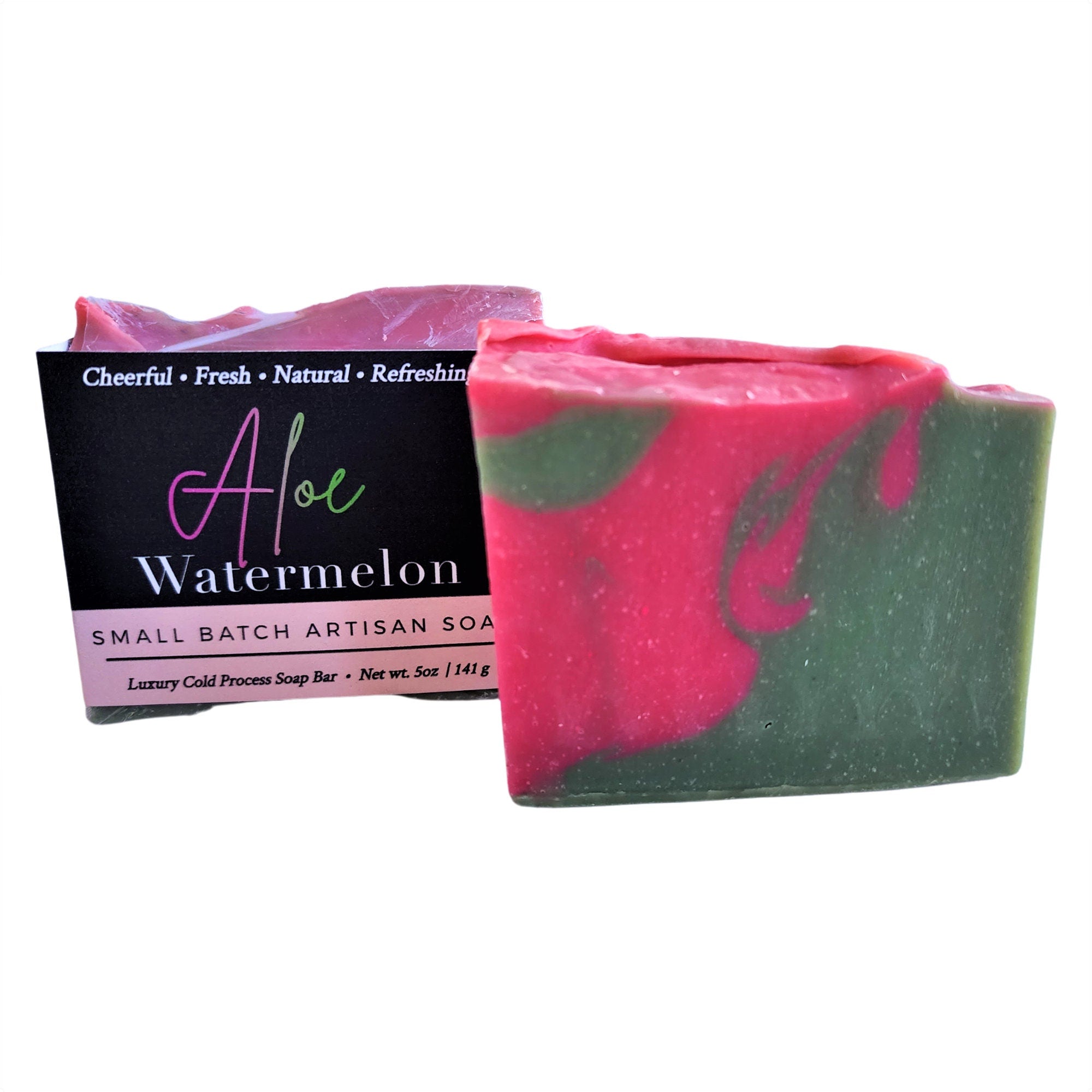 Aloe & Watermelon Soap bar with vibrant colors and natural ingredients, showcasing its refreshing design.