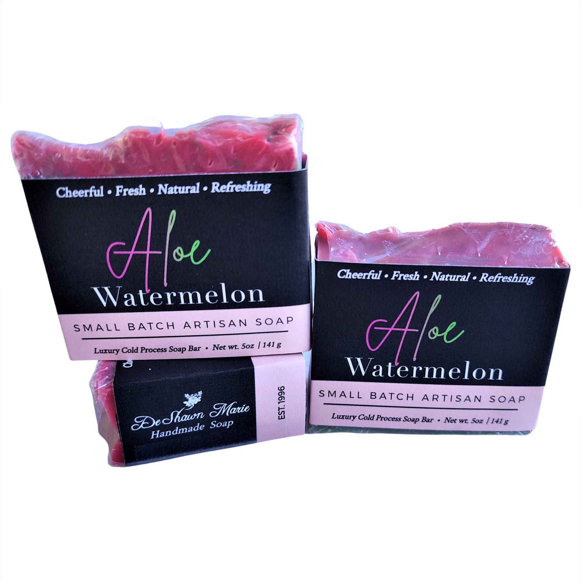 Aloe & Watermelon Soap bar with vibrant colors and natural ingredients, showcasing its refreshing design.